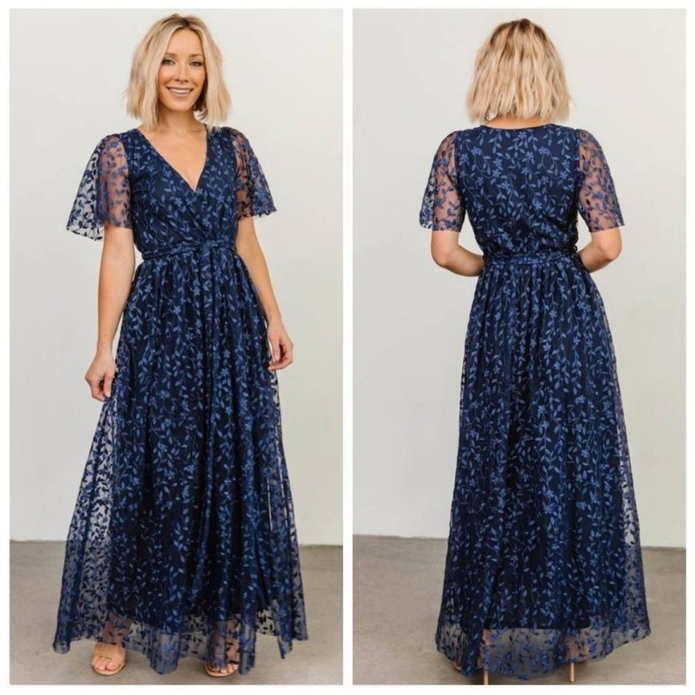 Baltic Born Marseille Solid Blue Embossed Maxi Dress Short Sleeve Womens Large